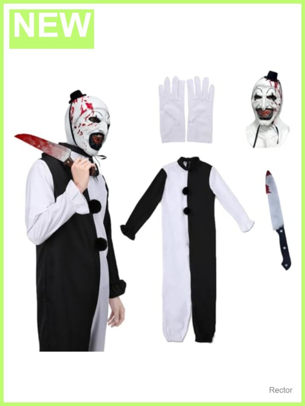 4Pcs Mens Scary Clown Costume Jumpsuit with Mask Gloves Halloween Cosplay